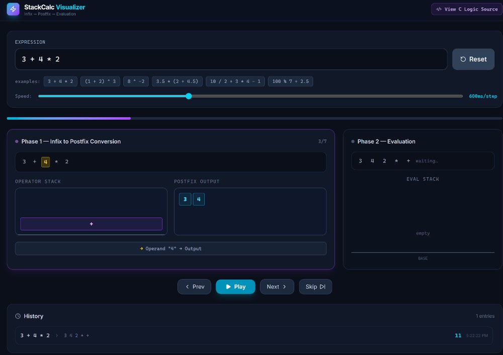 StackCalc Visualizer interface